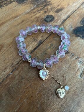 Betsey Johnson Pink Glass Bead  w/ Heart Charm Bracelet